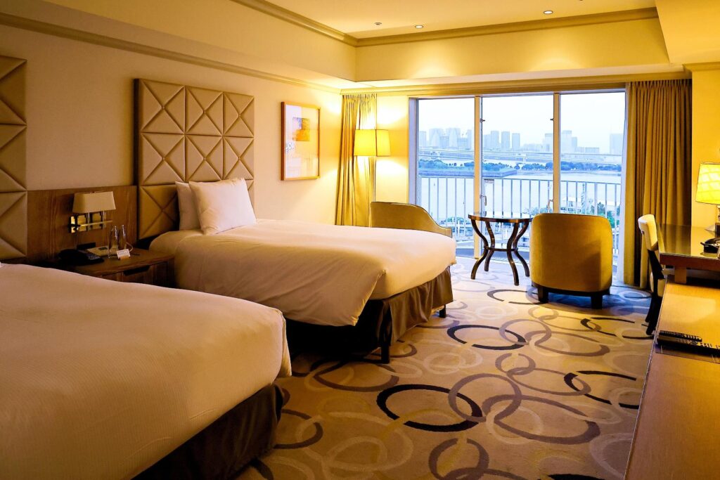 modern hotel room interior in Tokyo, Japan, with a city view from the window